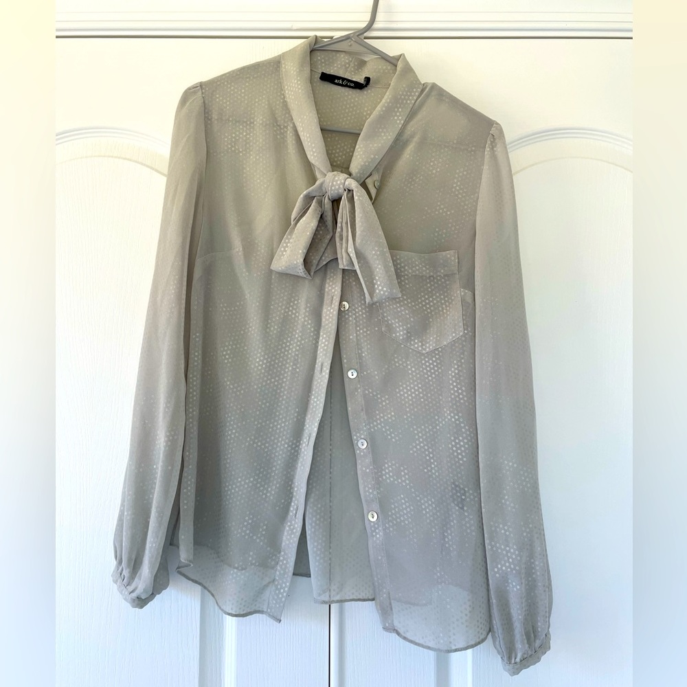 Sheer Dot Button Up Tie Blouse